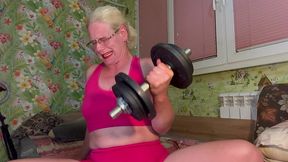 dumbbell lift, biceps fetish and beg for cum