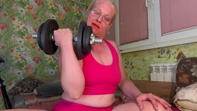 dumbbell lift, biceps fetish and beg for cum