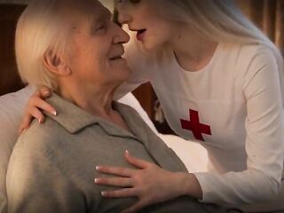 Nurse Katia seduces the grandad, and this chab, with his goth-hard dick, bangs her until that babe swallows all his cum - AI-generated content
