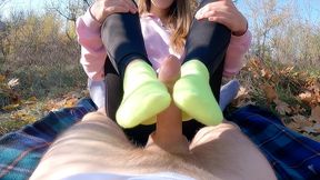 sockjob outdoors in bright ankle socks.