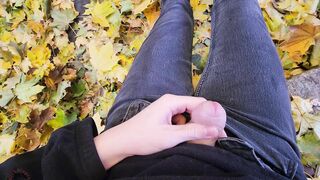 Femboy jerking off outside in the fall leaves