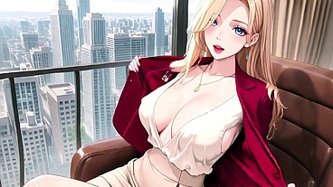 AI- Blonde CEO in Red Suit! Lazy Secrets on the Leather Sofa, She's Giving You Those Eyes...
