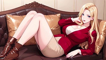 AI- Blonde CEO in Red Suit! Lazy Secrets on the Leather Sofa, She's Giving You Those Eyes...