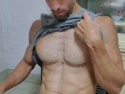 Good cumshot on the seat in front of the computer