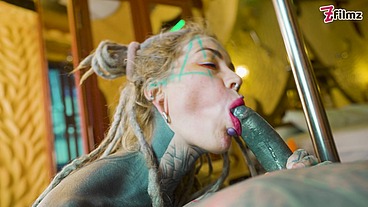 Dreadlocked TATTOOED stripper ending her show with a happy ending ANAL and facial!