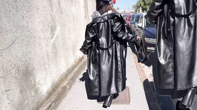 Miss Sandra Domina - Fetish walk and smoking with leather boots and leather leggings