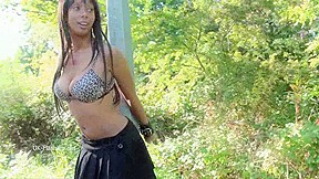 Ebony flasher Candy Canes outdoor masturbation and public nudity of black teen 18+ toying in dildo pleasures for