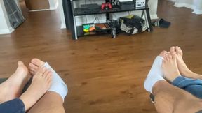 Indica Jane & Natasha Ty Play Footsies on Couch with Male Roommate | Asian Feet | Brunette Feet | Barefoot