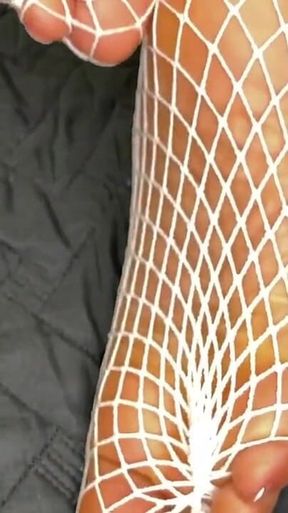 Ebony Girl Shows off Her Feet with French Pedicure in Her White Fishnets