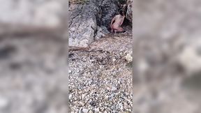 Fucked mature wife pees on beach with oversized dildo