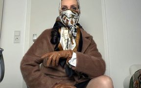 Silk Scarves Mask and Headscarf with the Brown Winter Coat