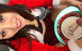 Incredibly hot tight pussy horny brunette babe Miss Santa gives a slow edging handjob for Christmas