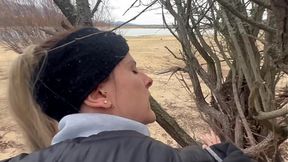 Snow-covered lake: Pretty wife gives horny blowjob then takes rough on all fours fucking