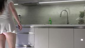 Big Tits Big Ass Hot and Cute Beautiful New Wife Takes Her G-string off to Flash Her Tight Shaved Pussy in the Kitchen