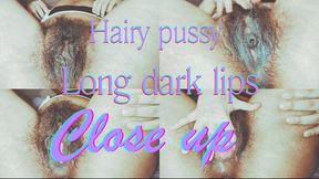 Hairy pussy and long dark labia : close up