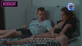 Brunette MILF and her stepson watch porn, masturbate to creampie bliss in share bed hotel vacation
