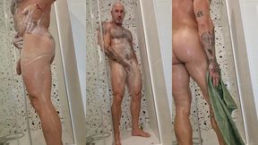 i take a shower, shaking my dick and whipping my ass