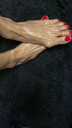 Oiled Sexy Tiny Feet with Red Toenail Polish