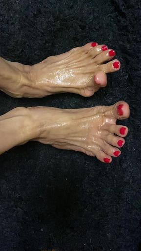 Oiled Sexy Tiny Feet with Red Toenail Polish