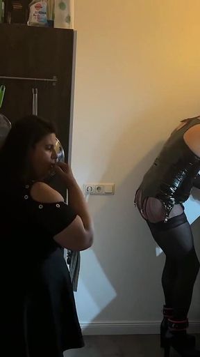 Dominant MILF Stretches Latex Sub's Ass Wide in Kitchen