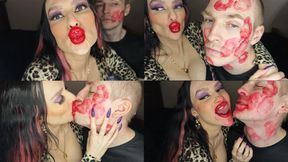 Juicy sticky loud aggressive kisses all over a guy's face with red lipstick