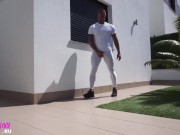 Public exhibitionist in white spandex