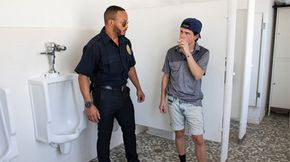 Muscular security guard catches cutie smoking a cigarette