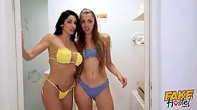 Fake hostel - tall slim style models in swimsuits have a 3some with hungover man by the pool