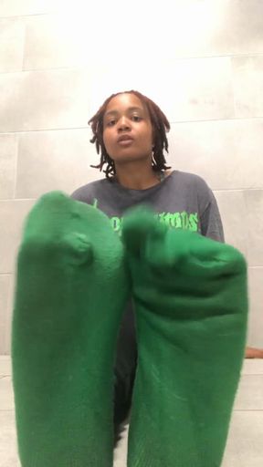 Ebony Goddess wiggles and smells her stinky 11 DAY OLD socks after getting walked in on by stranger