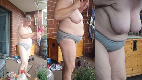 body auf der terrasse mit lotion eincremen