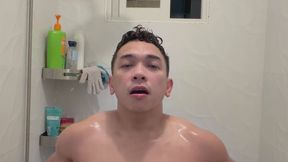 Fit Filipino Muscle Twink Strokes His Fat Cock in Steamy Shower Before Unloading in Bed