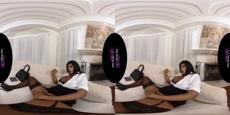 Business woman in VR gets her squealing ass fucked raw with dildo