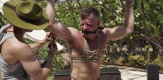 Muscular male gets ass rammed in outdoor scenes during rough bondage kinks