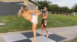 Kickboxing sparring with lots of kicks to the stomach