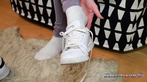 Lavender Leggings, Worn White Socks &amp; Sneakers - Foot Tease &amp; Shoeplay