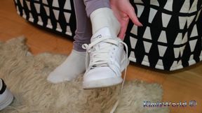 Lavender Leggings, Worn White Socks &amp; Sneakers - Foot Tease &amp; Shoeplay