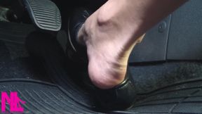 Revving and Driving in Black Leather Flats on Barefeet