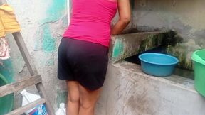 I find my mother-in-law washing clothes and I make her clean my cock with her mouth