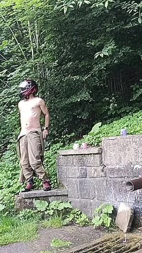 Jerking off in Public on the Road Near a Spring, Caught by a Young Man Masturbating Completely Naked