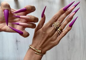 New purple color Long nails, sharp stilettos, palms and long fingers wide