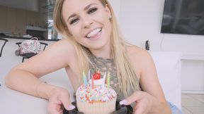 Brown guy gets first person interracial blowjob from his cute blonde stepsister