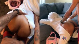 Cosplayer de conejita de Pascua de ébano es follada a través de su mono rasgado