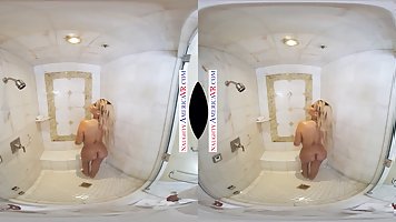 Busty blonde MILF Bridgette B. seduces neighbor while showering