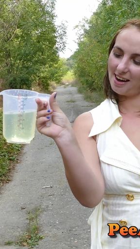 Dirty blonde filling a jar with her pee outdoor - 4K