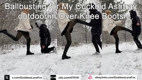 Ballbusting for My Cuckold Ashtray outdoor in Over Knee Boots