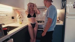 Bitch of a stepmom wants her stepson's cock in the kitchen.