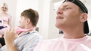 Happy gamer bros Share Big Titted Blonde Spectacle-wearing Turned On Roommate Into Cum-filled 3Some