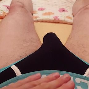 Jerking off, having a new piercing in my scrotum and cum on a used string