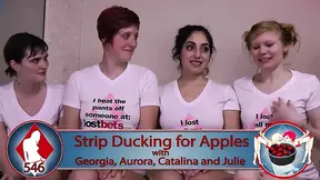 Slick lesbians play stripping apple bobbing game
