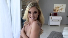 Smiley blonde chick Kali Roses sits her shaved pussy down on stepbrother's cock